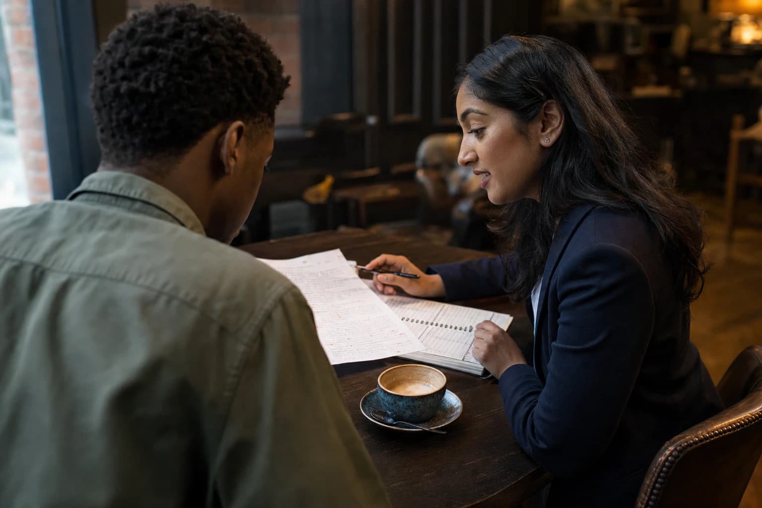Tutor and student reviewing academic work together at a study table
