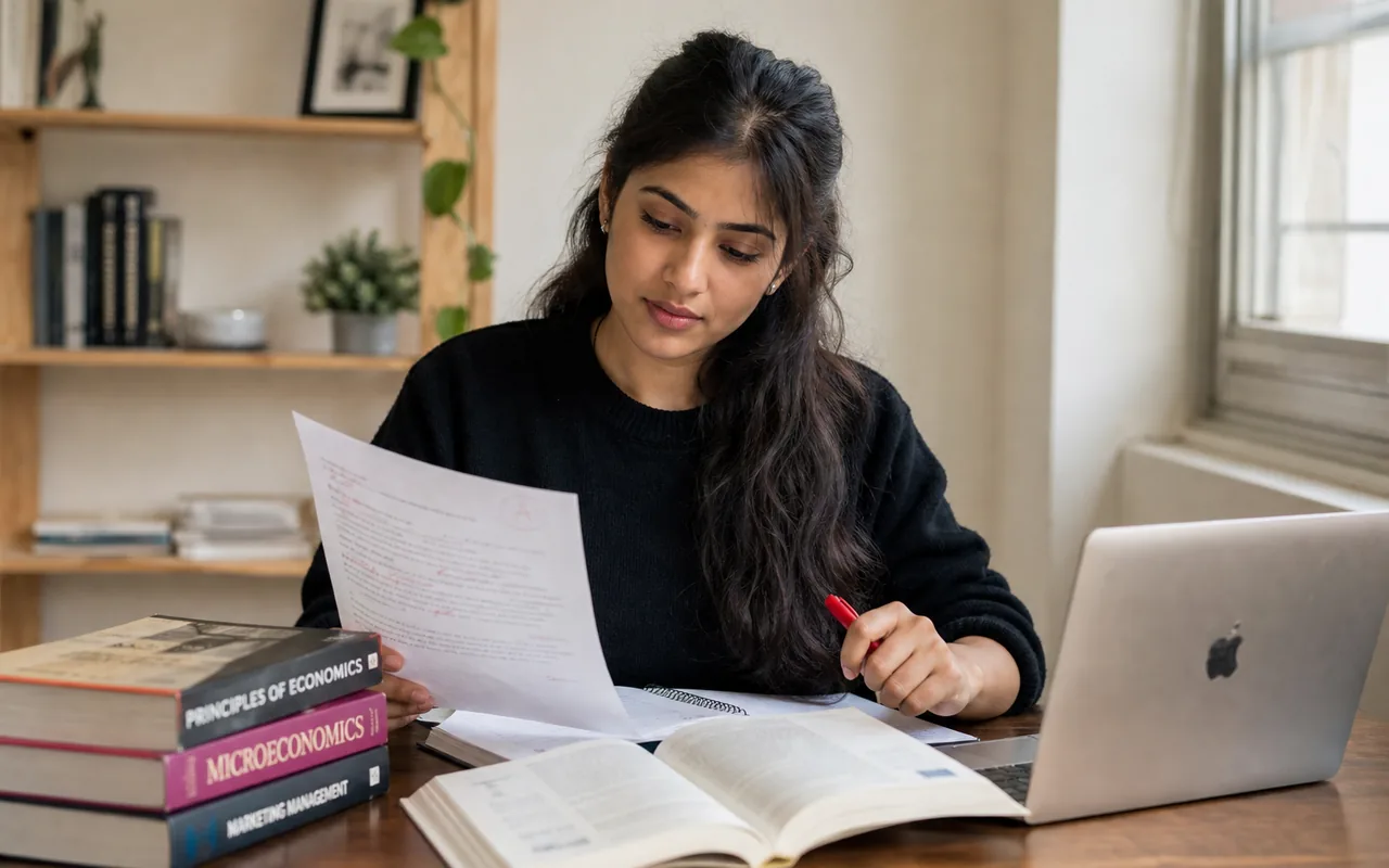Student reviewing marked coursework at a study desk