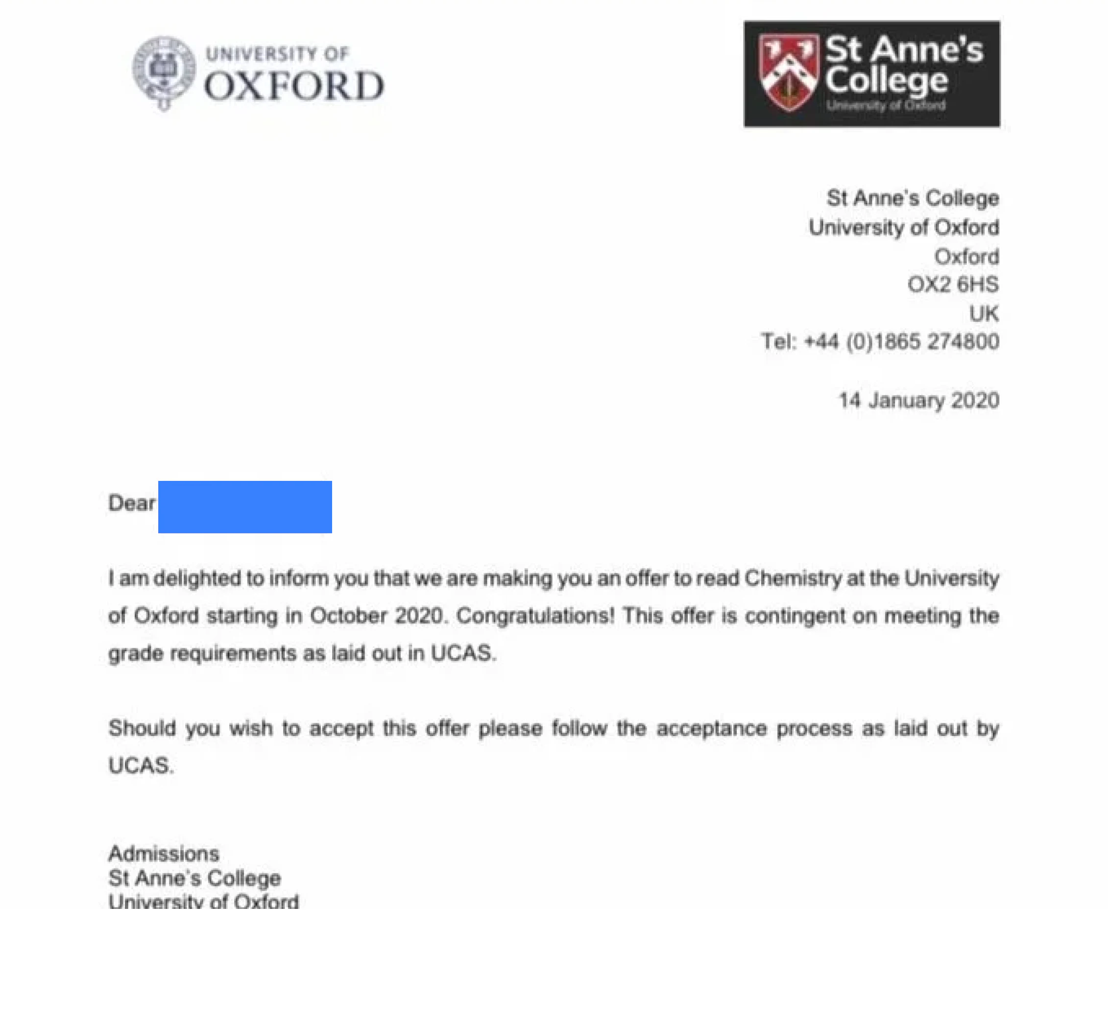 Oxford medicine course offer on UCAS