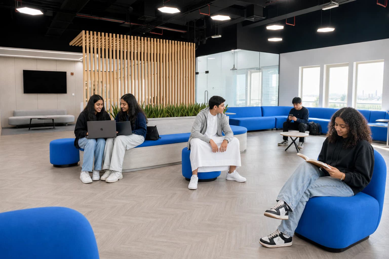 Student lounge with soft seating, breakout space and students in motion