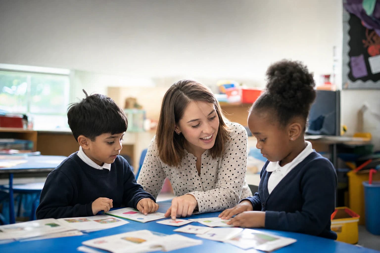 Young Edushaper graduate tutor helping primary children with phonics and maths