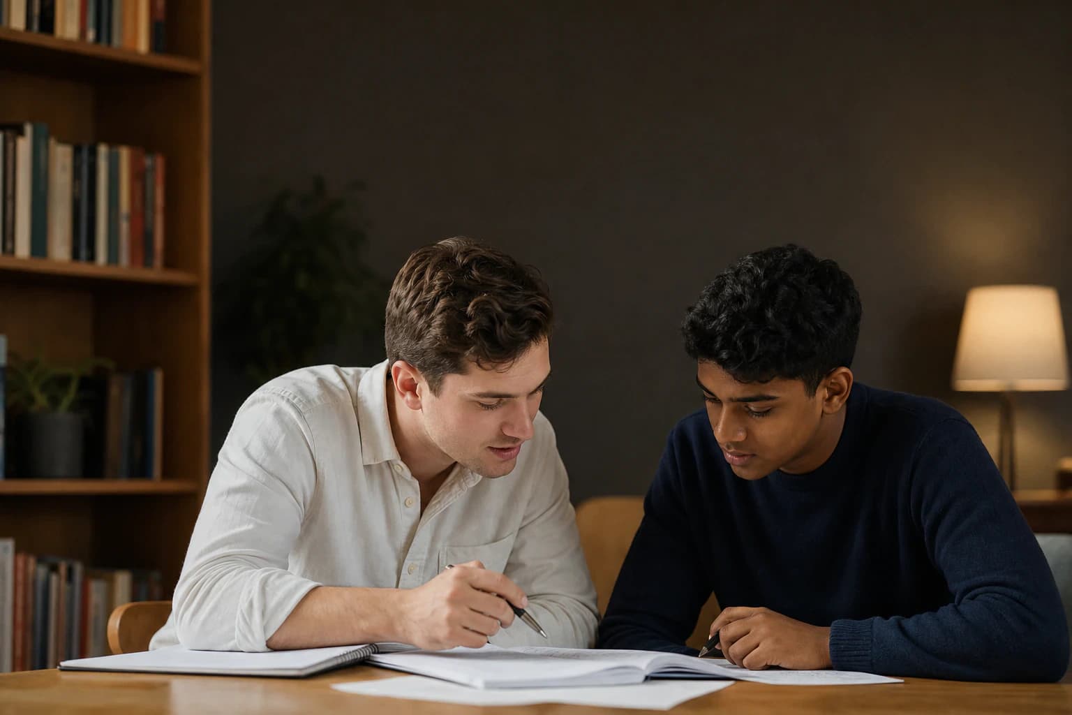 Young Edushaper graduate tutor helping a teenage IGCSE student with exam papers