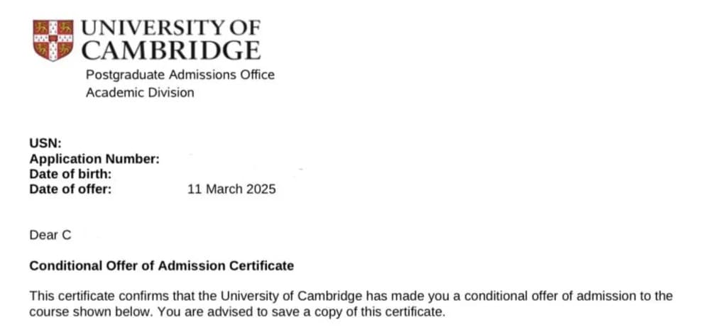 University of Cambridge conditional offer of admission certificate
