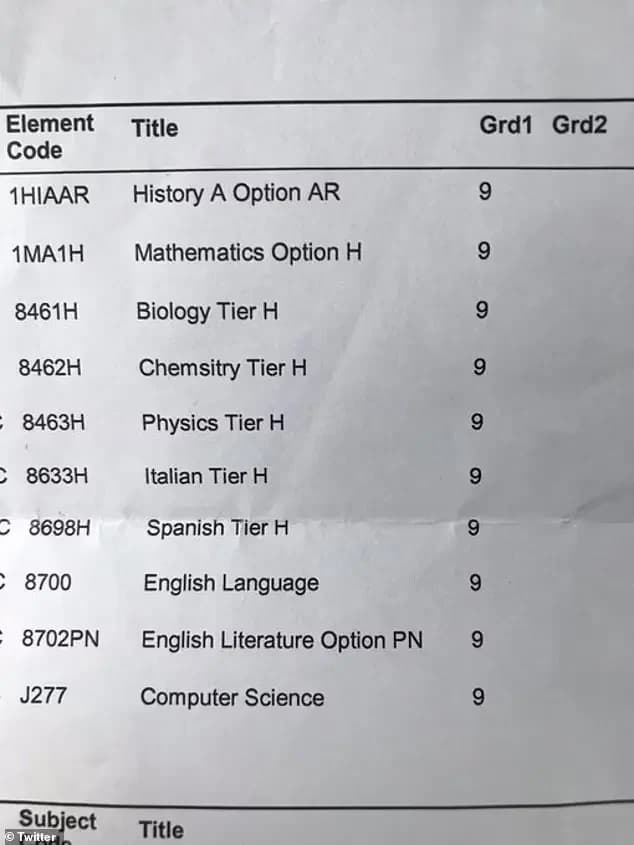 Exam results slip showing grade 9 in ten GCSE and IGCSE subjects
