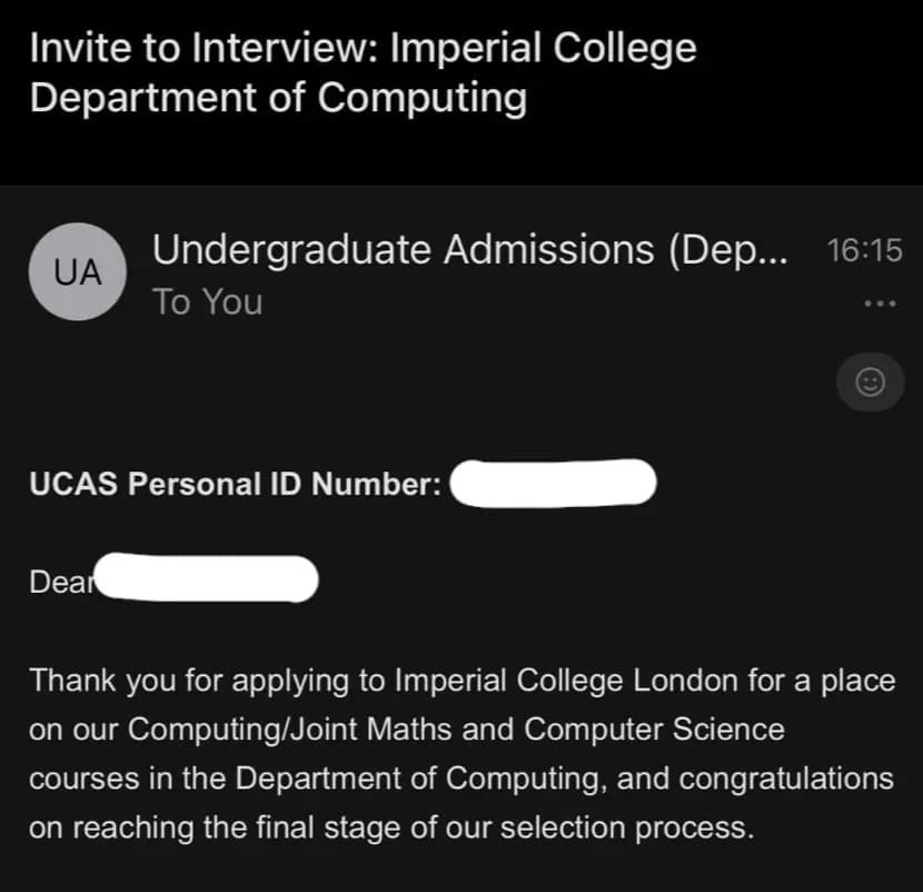Email invitation to interview for Computing at Imperial College London
