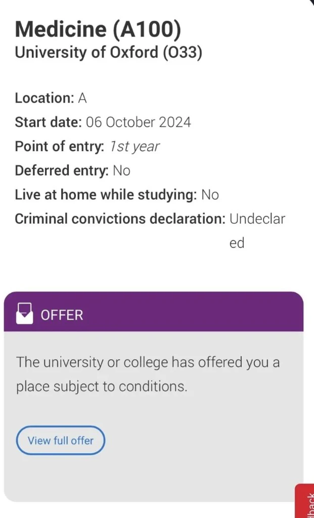 UCAS Track screen showing an offer for Medicine at the University of Oxford