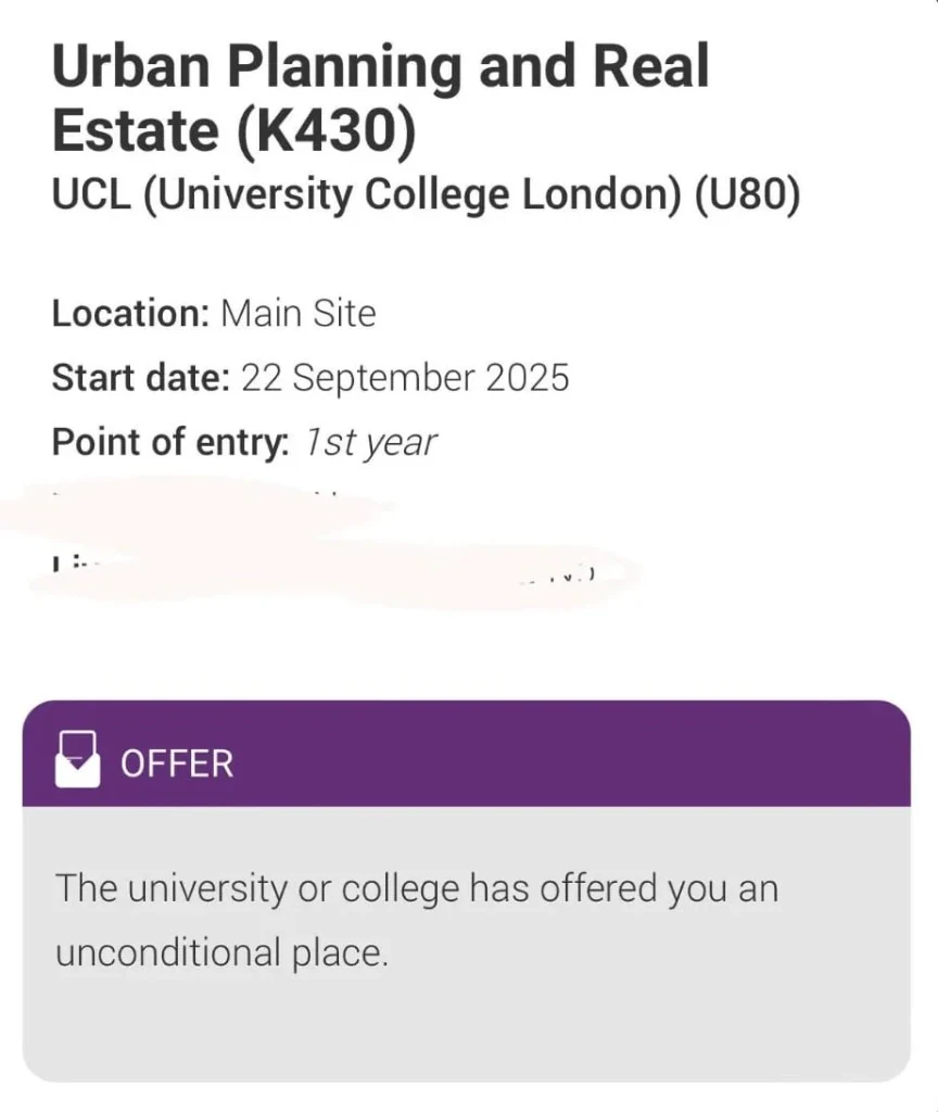 UCAS Track screen showing an unconditional offer for Urban Planning and Real Estate at UCL