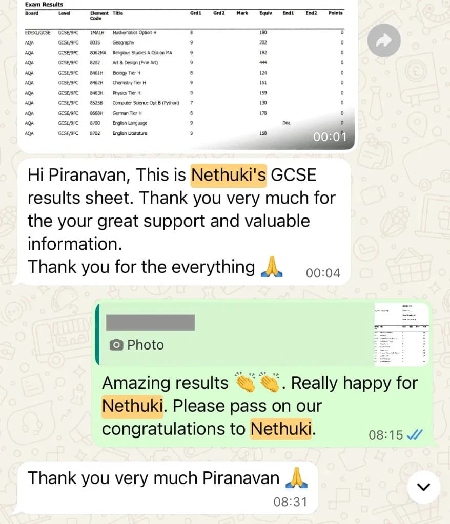 WhatsApp message from a parent sharing GCSE results and thanking Edushaper